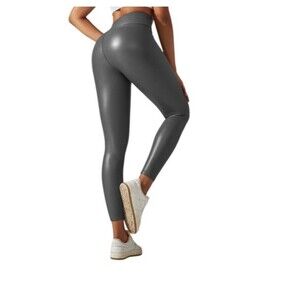 YOGALICIOUS FAUX LEATHER Lady Love Ankle LEGGINGS  PAVEMENT COLOR Sz L $78 NWT